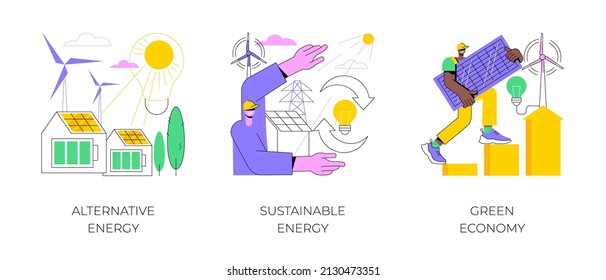 Clean Green Energy Abstract Concept Vector Illustration Set. Alternative Energy, Sustainable Eco System, Renewable Sources, Wind Turbine, Solar Panels, Green Economy, Eco Friendly Abstract Metaphor.