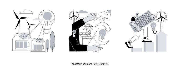 Clean green energy abstract concept vector illustration set. Alternative energy, sustainable eco system, renewable sources, wind turbine, solar panels, green economy, eco friendly abstract metaphor.