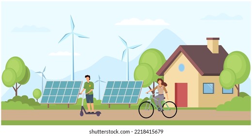 Clean green energy concept. Solar panels, windmills. Renewable energy. People ride scooters and bicycles