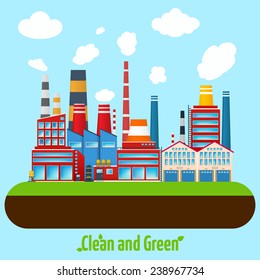 Clean and green manufacturing modern industry factory buildings poster vector illustration