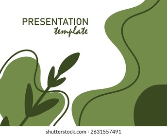 Clean green presentation slide with abstract leaf shapes and flowing lines. Ideal for eco topics, wellness branding, or modern reports.