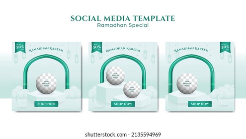 Clean green ramadhan festival social media instagram post template set with podium platform for product display