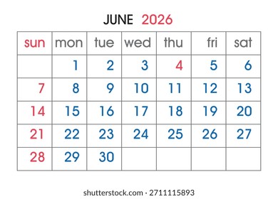 Un calendario de cuadrícula limpia para junio de 2026 que muestra los días de la semana y las fechas numeradas. Formato de Vector escalable adecuado para medios impresos y digitales.