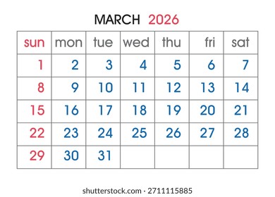 Un calendario de cuadrícula limpia para marzo de 2026 que muestra los días de la semana y las fechas numeradas. Formato de Vector escalable adecuado para medios impresos y digitales.