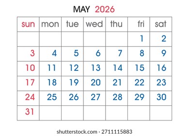 A clean grid calendar for May 2026 showing days of the week and numbered dates. Scalable vector format suitable for print and digital media.