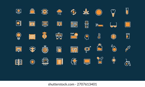 A clean grid of modern line icons in orange and beige on a dark background, featuring technology, medical, science, business, and lifestyle symbols. Perfect for UI, web design, apps, and presentations