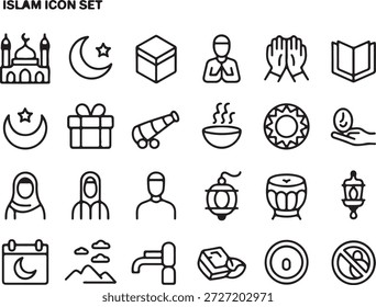 Una cuadrícula limpia de veinticinco iconos de contorno negro que representan símbolos religiosos islámicos esenciales, tradiciones y objetos para varios usos.