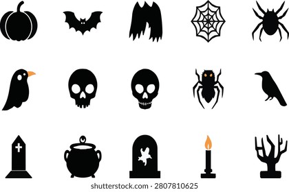 A clean Halloween black vector icon collection featuring spooky seasonal symbols such as pumpkin, flying bat, ghost, skull, spider, spider web, raven, cemetery gravestone, magic cauldron, candle, haunted tree, and Halloween-themed elements. Designed with bold solid silhouettes and minimalist styling on a white background. Ideal for Halloween branding, party invitations, greeting cards, posters, stickers, packaging, web interfaces, mobile applications, printable decorations, educational resources, and commercial graphic design.