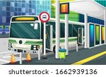 Clean Halte Bus Station with Traffic Light, Recycle Trash, Banner Advertiser and Stop Traffic Sign for Vector Illustration Interior Design Ideas