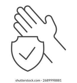 Ícone de linha fina para emblema de mão limpo, conceito de lavagem das mãos. Gráficos vetoriais. Palm e emblema com sinal de marca de verificação no fundo branco, ícone de estilo de contorno para design móvel ou web