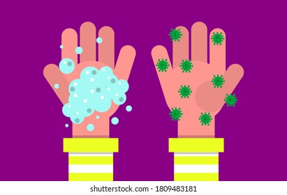 Clean Hand and Dirty Hand Comparison Concept. Washing Hand with soap to prevent virus spread. Vector Design Illustration. 