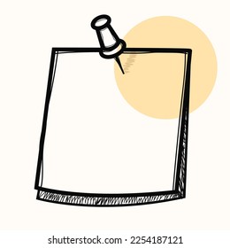 Clean hand drawn paper sheet attached with drawing pin vector flat illustration. Reminder blank pinned at wall ready to write memo, notes, announcement or message isolated on white background