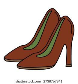 Clean hand drawn vector illustration of women’s brown high heeled stiletto pumps featuring a classic pointed-toe design and slender heel. Rendered in a minimalist flat style with bold outlines and subtle interior contrast, this versatile fashion graphic is ideal for blogs, e-commerce, advertising, and apparel-related design projects.