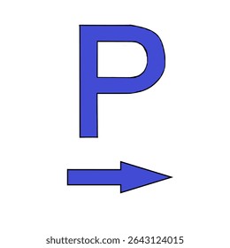 Clean hand drawn vector logo with blue letter "P" with right arrow illustrating a parking sign.