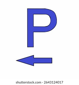 Clean hand drawn vector logo with blue letter "P" with left arrow illustrating a parking sign.
