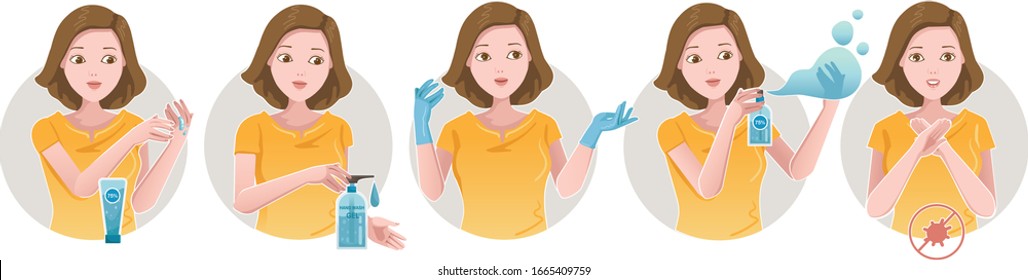 Clean hand gesture set. Healthy of female  protective  against infectious diseases and flu. Stop the infection. Health care concept. Vector illustration isolated on white. 