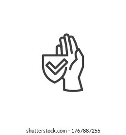 Clean hand protection line icon. linear style sign for mobile concept and web design. Hand and Shield with checkmark outline vector icon. Symbol, logo illustration. Vector graphics