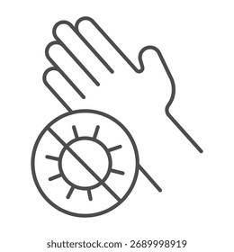 Ícone fino da linha da mão limpa, conceito de lavar as mãos. Gráficos vetoriais. Palm e sem símbolo de bactéria no fundo branco, ícone de estilo de contorno para design móvel ou web