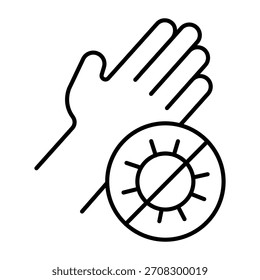 Icono de línea delgada de mano limpia, concepto de lavado de manos. Gráficos de Vector. Palm y ninguna insignia de la bacteria en el fondo blanco, icono del estilo del contorno para el móvil o el Diseño web