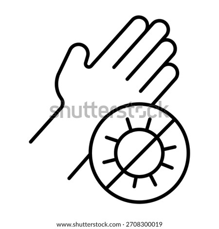 Clean hand thin line icon, hand washing concept. Vector graphics. Palm and no bacteria badge sign on white background, outline style icon for mobile or web design