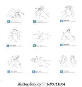 clean hand using alcohol gel, sequence, step by step, black line drawing style set