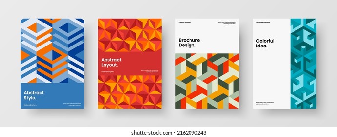 Clean handbill A4 vector design layout collection. Minimalistic mosaic shapes front page illustration set.