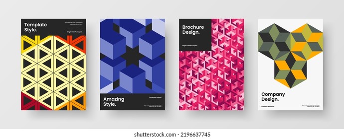 Clean handbill design vector layout bundle. Colorful mosaic hexagons annual report concept set.