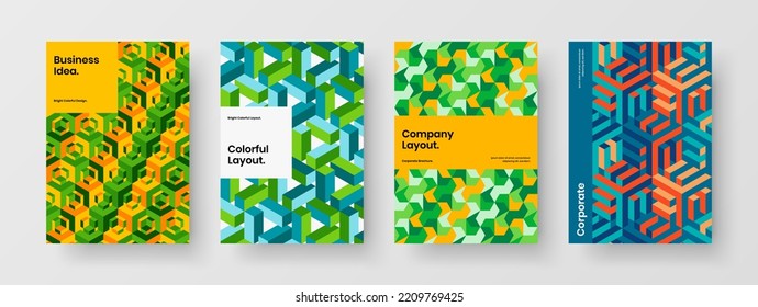 Clean handbill vector design layout set. Minimalistic geometric tiles front page illustration bundle.