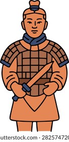 Clean hand-drawn doodle vector icon of a traditional Terracotta Warrior statue from ancient China, featuring a simplified standing soldier wearing detailed ancient armor and helmet, with a calm expression and simplified weapon. Bold uniform black outlines, simple geometric shapes, and flat terracotta orange, brown, and dark blue colors create a distinctive historical aesthetic. Isolated on a transparent background with no gradients or realistic stone textures, suitable for Chinese history, archaeology, ancient culture, museums, education, tourism, heritage, and graphic design.