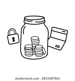 A clean, hand-drawn vector illustration of a glass jar filled with stacked coin piles, accompanied by a security padlock and a bank book, symbolizing personal savings, wealth accumulation, secure banking, and financial planning.