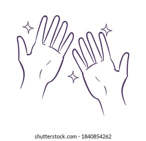 Limpie las manos. Imagen de la mano de la línea azul para jabón y gel antibacteriano, higiene personal diaria, sanitizer y publicidad antiséptica, proteger el contorno del vector de la piel dibujos aislados de la palma