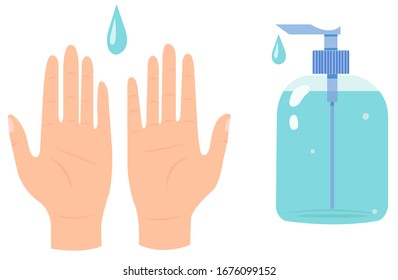 Clean hands and a bottle of antiseptic. Disinfection and disease prevention.