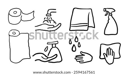 Clean hands and cleaning in hand drawn style in vector. Elements for design advertisement mail posts poster print packaging wrapping