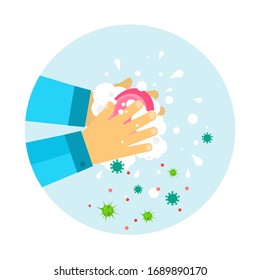 Manos limpias. Pegatina de forma redonda colorida. Jabón, espuma, gotas de agua y microbios. Estilo de caricatura plano. Concepto de higiene personal. Diseño de pancartas de etiqueta social. Ilustración vectorial.
