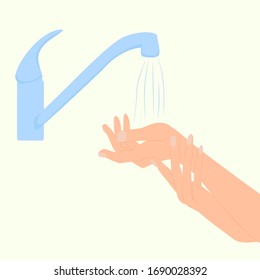 Manos limpias. Lavarse la mano debajo del grifo. Ilustración vectorial. El agua pura está fluyendo en tus manos.