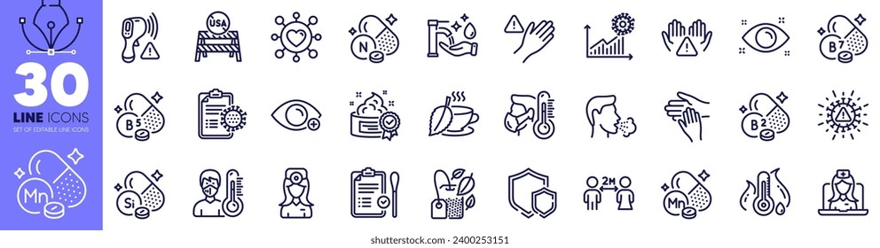 Clean hands, Health eye and Electronic thermometer line icons pack. Coronavirus statistics, Biotin vitamin, Farsightedness web icon. Fever temperature, Dont touch, Washing hands pictogram. Vector