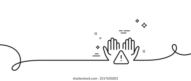 Ícone de linha de mãos limpas. Uma linha contínua com curva. Sinal de limpeza sanitária. Símbolo de mãos laváveis. Mãos limpas fita de contorno único. Padrão de curva de loop. Vetor