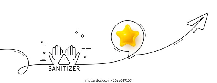 Ícone de linha de mãos limpas. Linha contínua com plano de compartilhamento. Sinal de limpeza sanitária. Símbolo de mãos laváveis. Estrela 3d no balão de fala. Mãos limpas fita de linha única. Padrão de curva de loop. Vetor