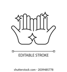 Clean hands linear icon. Washing hands with warm water and soap. Removing visible dirt. Thin line customizable illustration. Contour symbol. Vector isolated outline drawing. Editable stroke