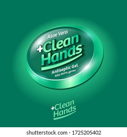 Clean Hands logo. Hand disinfectant, virus protection label. Sanitizer for hands and body. Green glossy ellipse with letters and medical cross. 