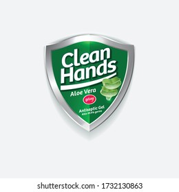 Clean Hands logo. Hand disinfectant, virus protection label. Sanitizer for hands and body. Green glossy shield with logotype and cut leaves aloe vera.