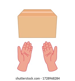 Clean hands pass the box with place for text. Unfolded palms indicate the craft box. Online shopping. Vector stock illustration. Contactless delivery concept.