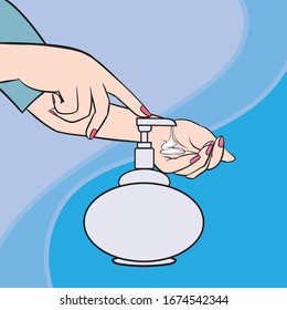Clean hands with sanitizing gel. Pop art hand drawn style vector design illustrations. 