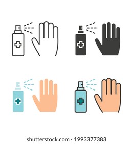 Clean hands with spraying hand sanitizer. Disinfectant spray for personal care concepts. Flat outline icons of sanitize for disinfection hand. Vector illustration. Design on white background. EPS 10