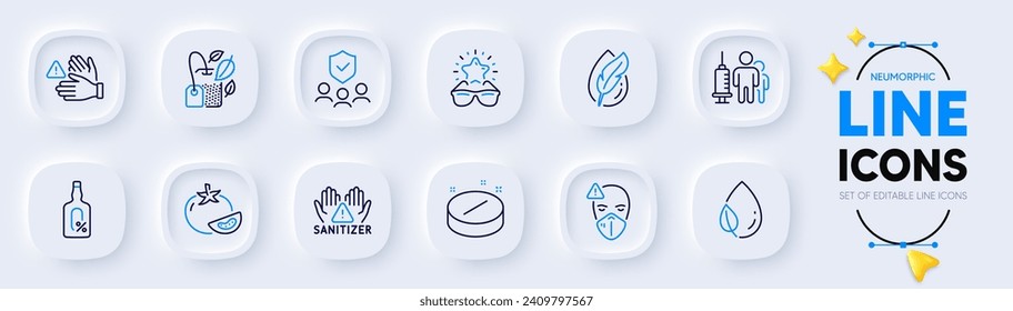 Clean hands, Tomato and Dont touch line icons for web app. Pack of Medical tablet, Alcohol free, Mint bag pictogram icons. Medical vaccination, Hypoallergenic tested, Leaf dew signs. Vector