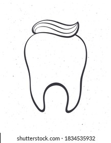 Limpie el diente humano saludable con pasta dental. Esquema. Ilustración vectorial. Símbolo de somatología e higiene bucal. Esbozo dibujado a mano. Fondo blanco aislado