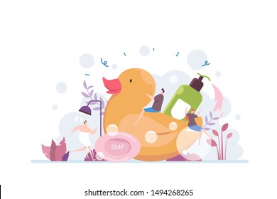 
Clean and Healthy lifestyle Illustration Concept Showing people taking shower with Rubber Duck and surrounded by hygiene soap product, Suitable for landing page, ui, web, App intro card, editorial