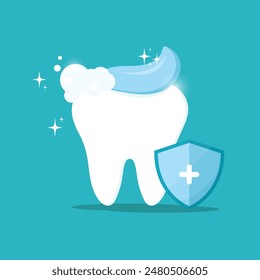 A clean, healthy tooth with toothpaste and a protective shield. Illustration for dentistry. Oral hygiene, brushing teeth.