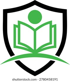 Clean heraldic emblem featuring a bold black shield outline with green abstract reader, open book, and curved foundation line. Monochrome green-on-white design symbolizing academic protection, student empowerment, educational equity, and institutional trust. Perfect for charter schools, public school districts, education nonprofits, scholarship foundations, youth programs, and secure learning platforms. Covers K-12, academic, NGO, government, and EdTech markets. Ideal for official seals, crests, uniforms, badges, letterheads, and institutional branding.