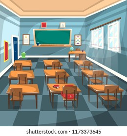 Clean High School Classroom with Chalk Green Board, brown Study Table Chair, globe, and large windows for Cartoon Vector Illustration Interior